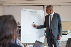 Confident speaker talking and pointing at whiteboard. Group of employees discussing ideas during presentation of new project at briefing. Business meeting concept